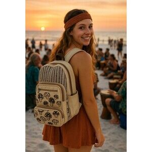 Mushroom Laptop Backpack Travel Bag Lightweight Himalayan Hemp Neutral Stripe